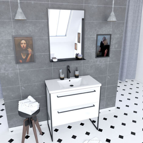 pack meuble de salle de bain 80x50cm blanc - 2 tiroirs blanc - vasque blanche + miroir noir mat