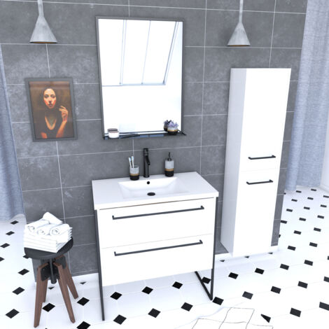 pack meuble de salle de bain 80x50cm blanc - 2 tiroirs blanc - vasque blanche + miroir noir mat