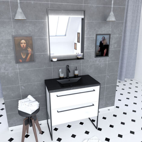 pack meuble de salle de bain 80x50cm blanc - 2 tiroirs - vasque resine noire effet pierre - miroir