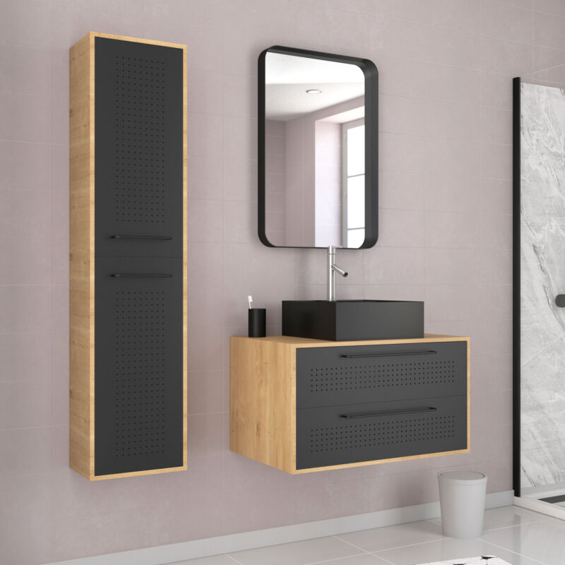 Meuble salle de bains 80 cm, vasque carrée, miroir et colonne - chêne naturel et noir - uby