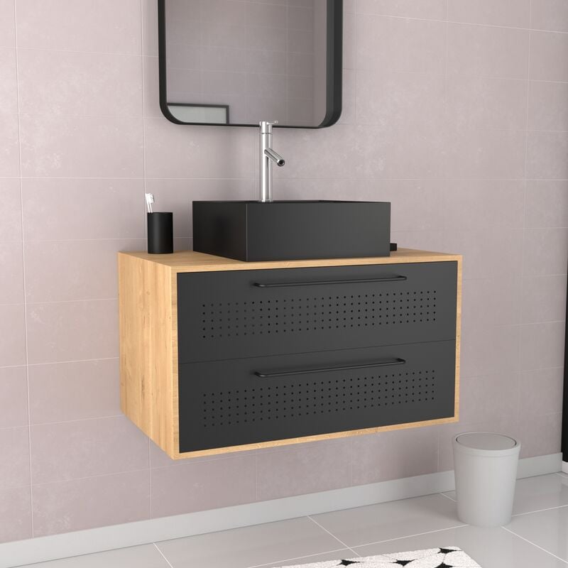 Aurlane - Meuble de Salle de Bains 80 cm avec Vasque Carrée - Finition Chêne naturel et Noir Mat - uby