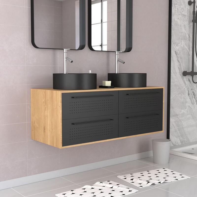 Aurlane - Meuble de Salle de Bains 120 cm - 2 Vasques Rondes - Chêne naturel et Noir Mat - uby