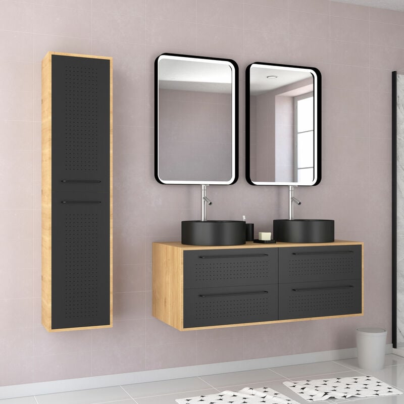 Aurlane - Meuble Salle de Bains 120cm - Vasques Rondes - Miroirs Led et Colonne - Chene naturel et Noir - uby