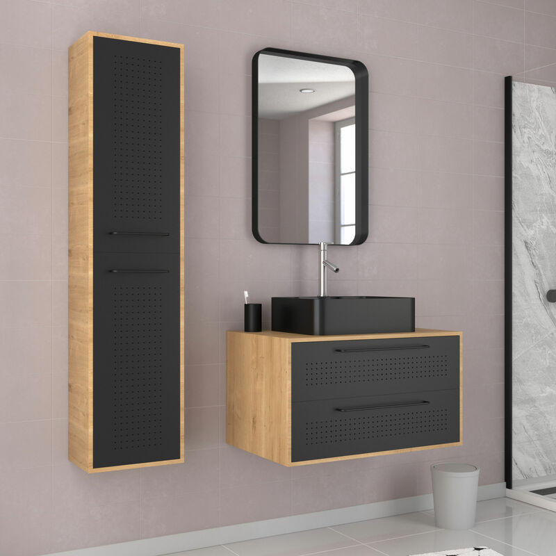 Aurlane - Meuble Salle de Bains 80 cm, Vasque Rectangle, Miroir et Colonne - Chêne naturel et Noir - uby