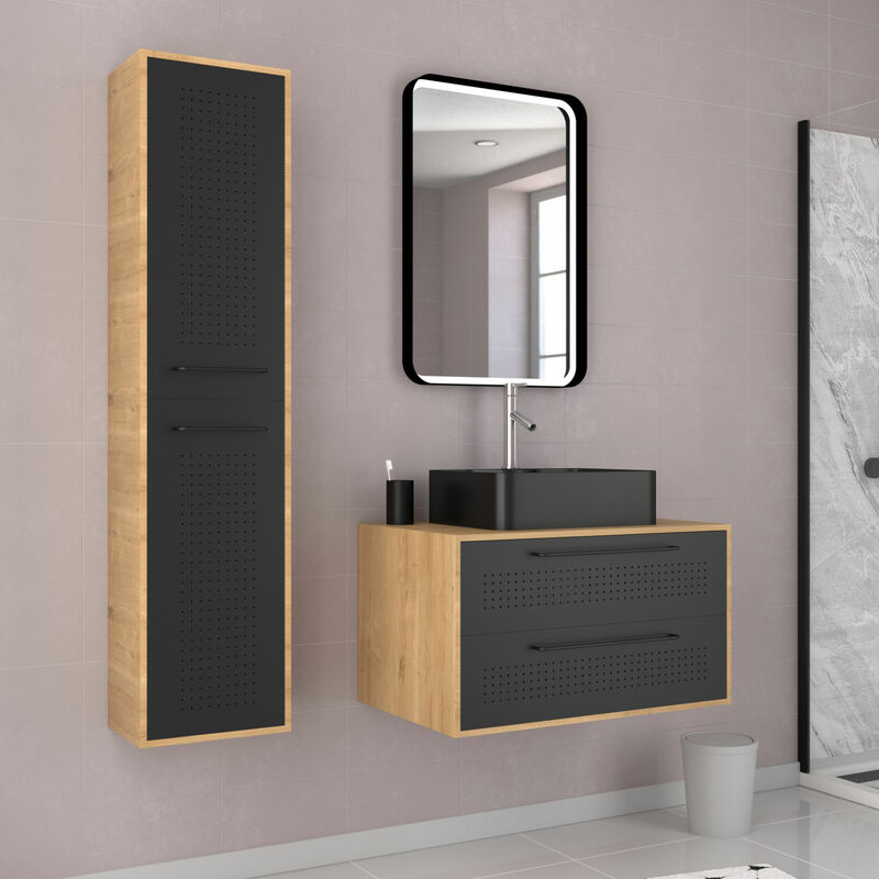 Meuble Salle de Bains 80 cm, Vasque Rectangle, Miroir Led et Colonne - Chêne naturel et Noir - uby