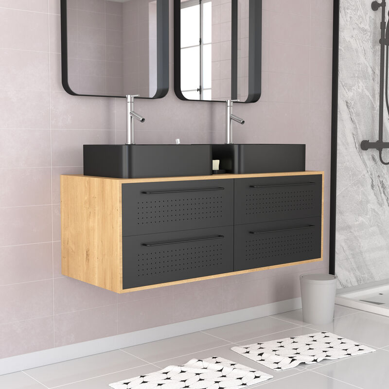 Aurlane - Meuble de Salle de Bains 120 cm - 2 Vasques Rectangles - Chêne naturel et Noir Mat - uby