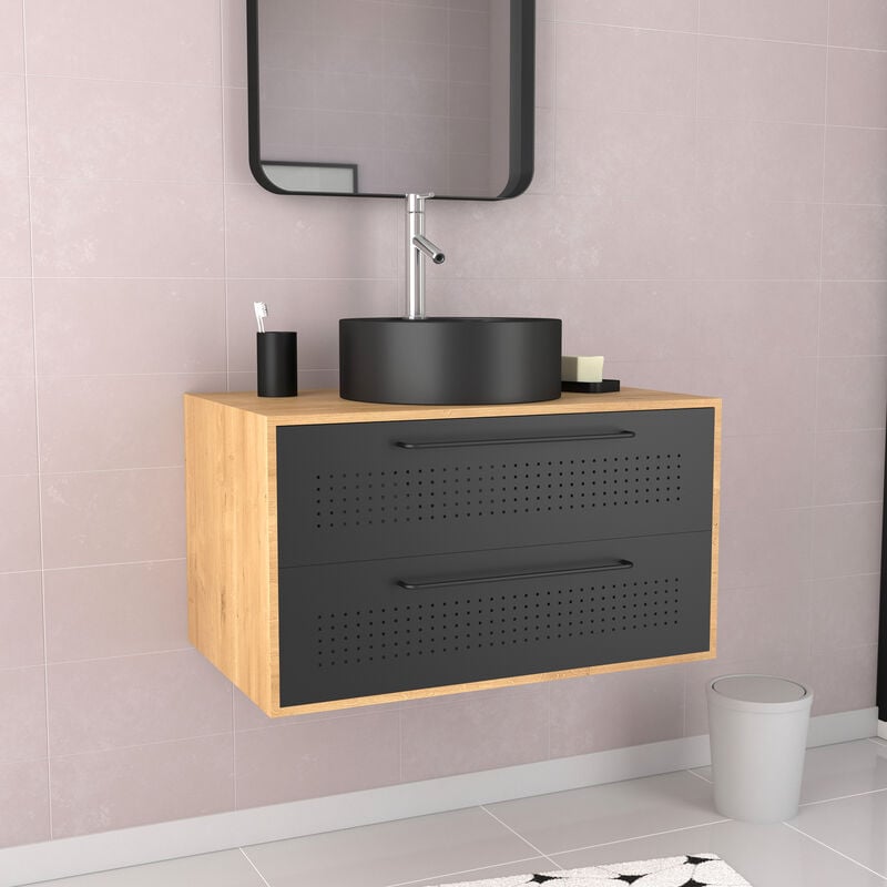 Meuble de Salle de Bains 80 cm avec Vasque Ronde - Finition Chêne naturel et Noir Mat - uby