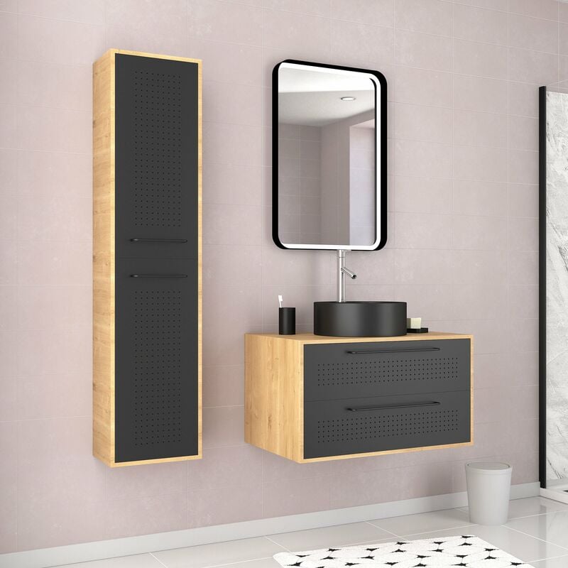 Meuble Salle de Bains 80 cm, Vasque Ronde, Miroir Led et Colonne - Chêne naturel et Noir - uby