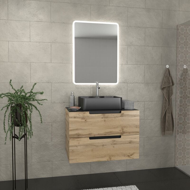 Aurlane - Meuble salle de bains 80 cm 2 tiroirs - Chêne et noir - Vasque rectangle - Miroir Led - omega