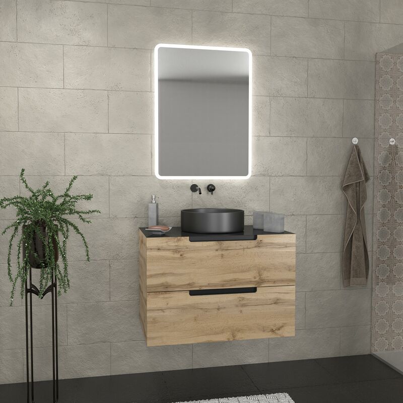 Aurlane - Meuble salle de bains 80 cm 2 tiroirs - Chêne et noir - Vasque ronde - Miroir Led - omega