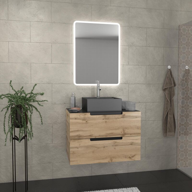 Meuble salle de bains 80 cm 2 tiroirs - chêne et noir - vasque carrée - miroir led - omega