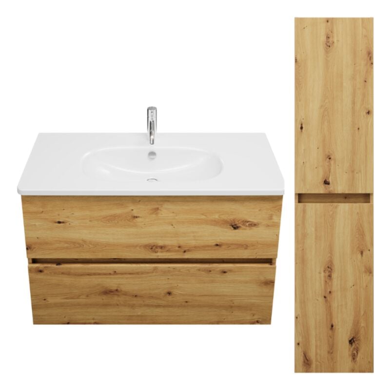 Pack meuble de salle de bain simple vasque BURGBAD Joline 100 cm chêne + colonne