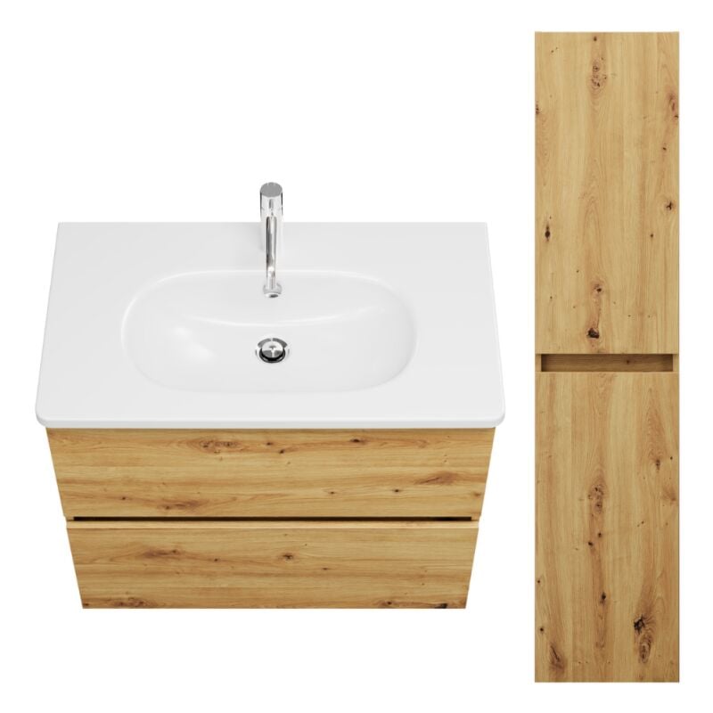 Burgbad - Pack meuble de salle de bain simple vasque Joline 80 cm chêne + colonne
