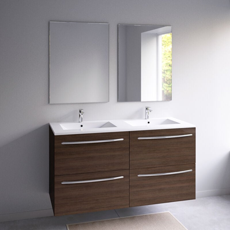 Aurlane - Pack Meuble de Salle de Bains 130 cm Vieux Chêne Brun - 4 Tiroirs - Vasque Double en Résine