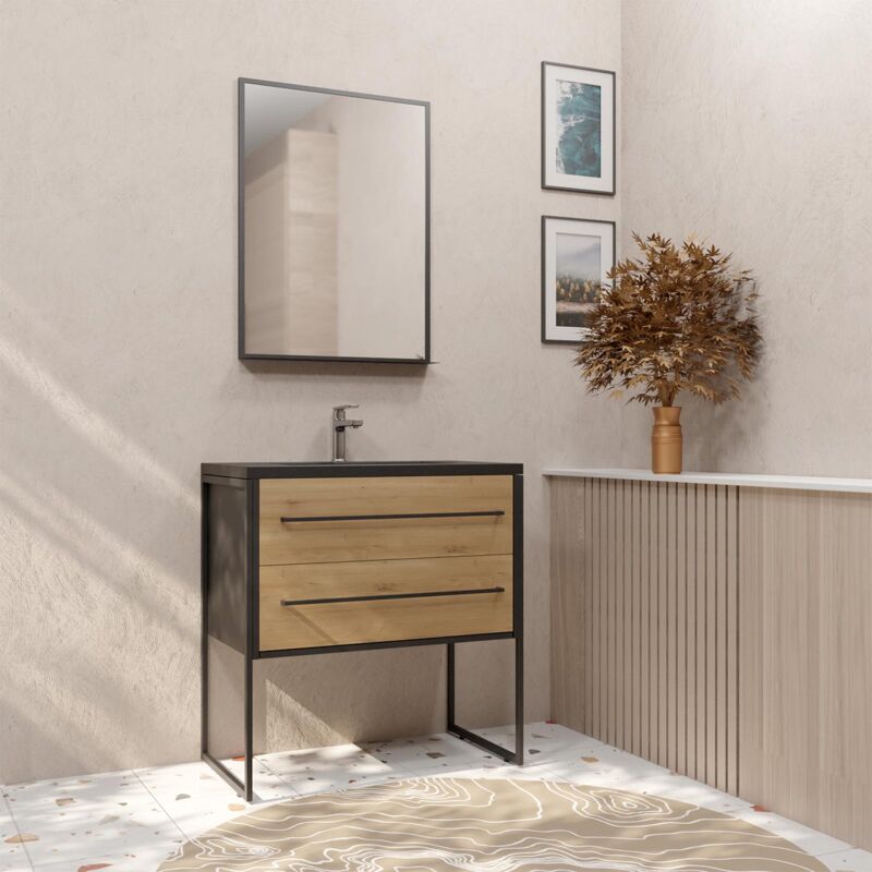 Aurlane - Pack Meuble Salle de Bain 80 cm Noir Mat & Bois 2 Tiroirs - Vasque Noire Effet Pierre - Miroir