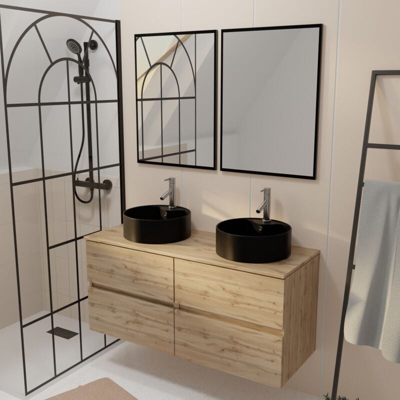 Aurlane - Meuble Salle de Bains 120cm 4 Tiroirs Chêne Naturel, 2 Vasques Noires Ø41cm et 2 Miroirs 55x75 cm
