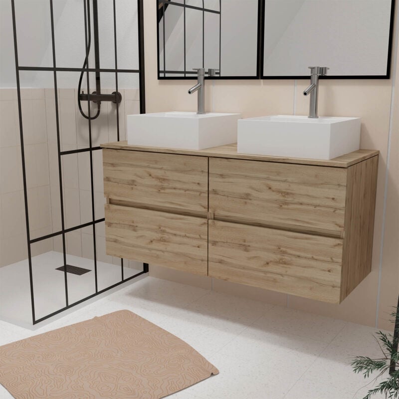 Aurlane - Meuble Salle de Bains 120cm 4 Tiroirs Chêne Naturel - 2 Vasques Carrées 41x41x15cm Blanches