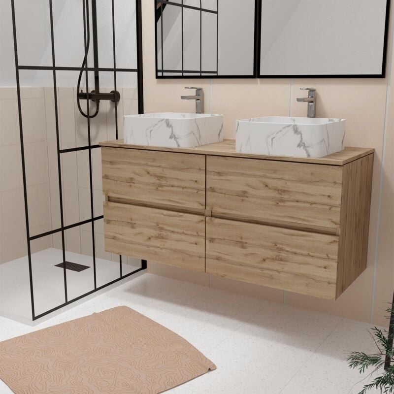 Aurlane - Meuble Salle de Bains 120cm 4 Tiroirs Chêne Naturel - 2 Vasques Blanches Effet Marbre 38x38x13cm