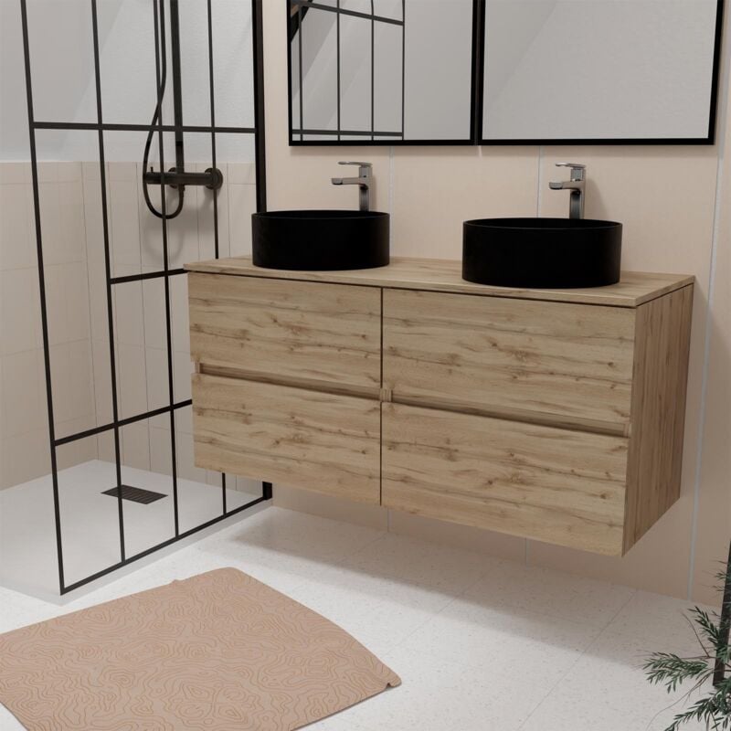 Aurlane - Meuble Salle de Bains 120cm 4 Tiroirs Chêne Naturel - 2 Vasques Rondes 36cm en Céramique Noire