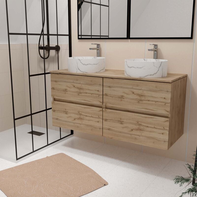 Aurlane - Meuble Salle de Bains 120cm 4 Tiroirs Chêne Naturel - 2 Vasques Rondes 36cm Blanches Effet Marbre