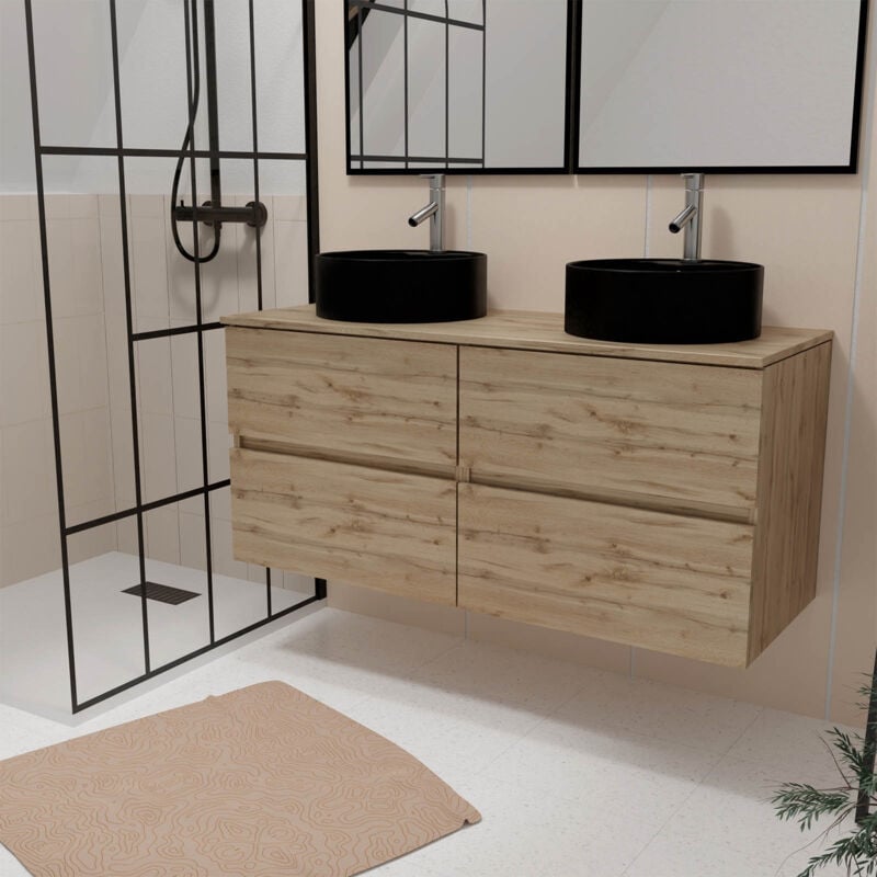 Aurlane - Meuble Salle de Bains 120cm 4 Tiroirs Chêne Naturel - 2 Vasques Rondes 41cm en Céramique Noire