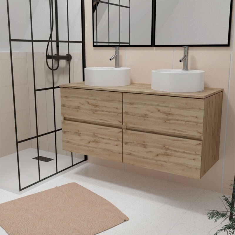 Aurlane - Meuble Salle de Bains 120cm 4 Tiroirs Chêne Naturel - 2 Vasques Rondes 41cm en Céramique Blanche