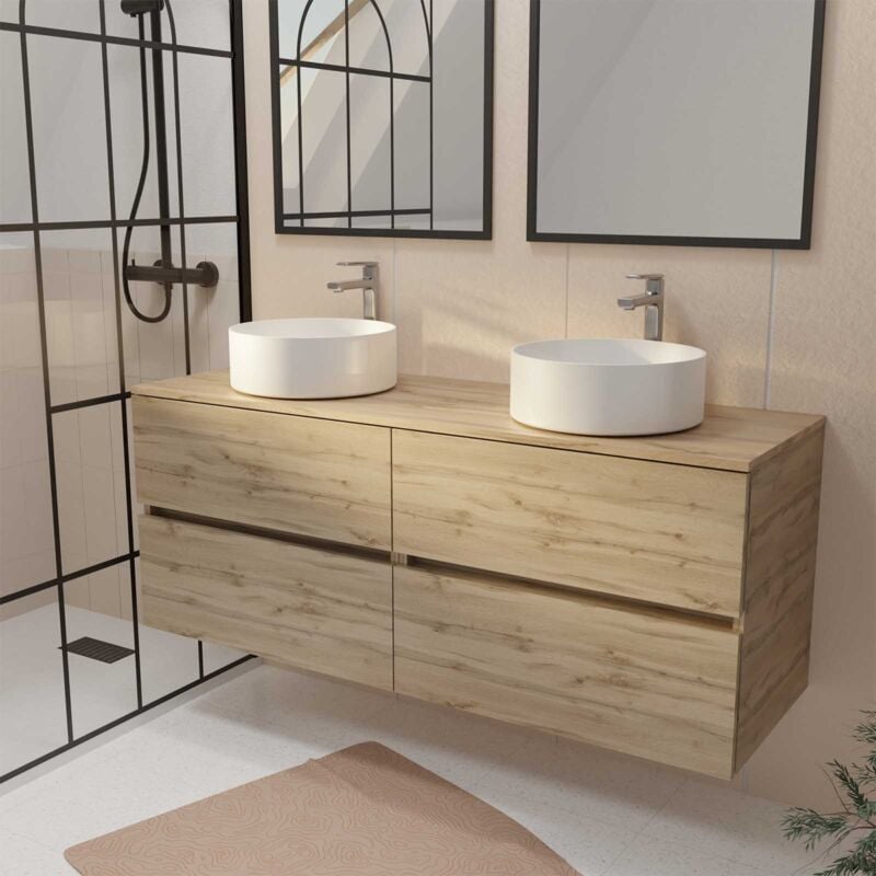 Meuble de salle de bains 140 TIMBER Décor Chêne - 4 Tiroirs - 2 Vasques Rondes Blanches Ø36cm