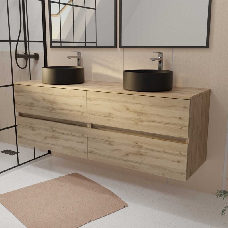 Meuble de salle de bains 160 timber Décor Chêne - 4 Tiroirs - 2 Vasques Rondes Noires