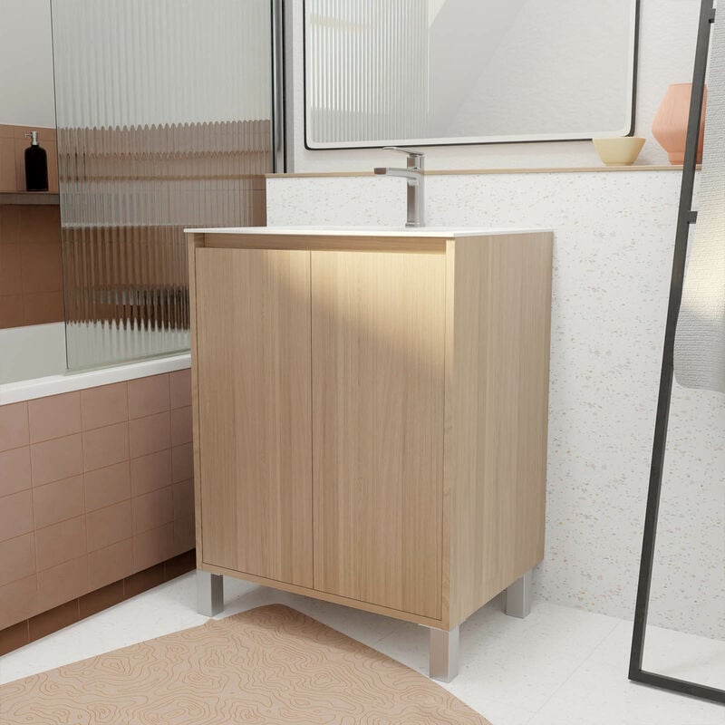 Pack Meuble Salle de Bains 60 cm Chêne Clair, 2 portes avec Vasque Céramique - xenos