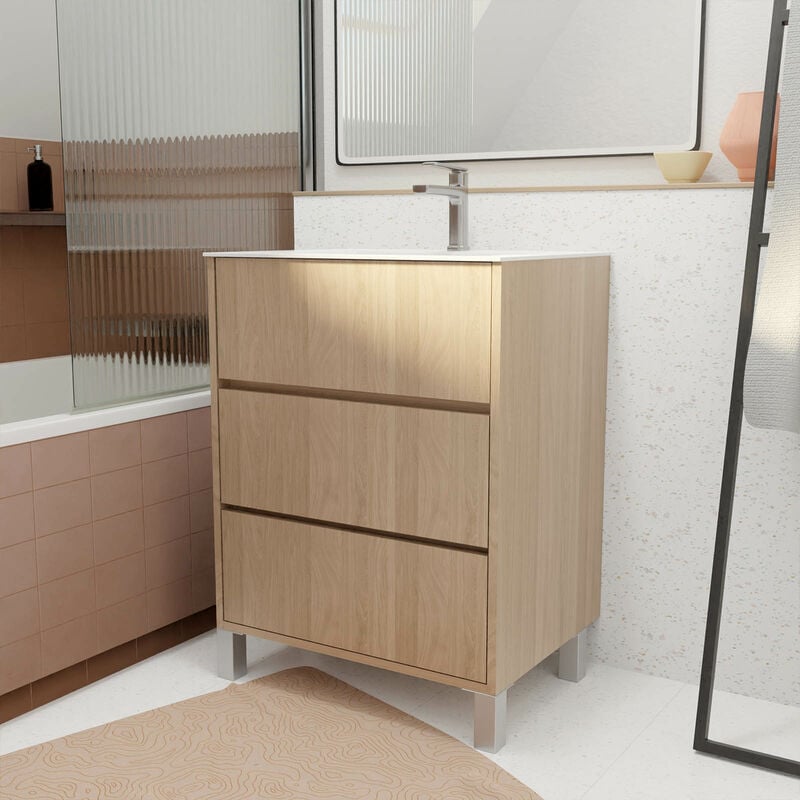 Pack Meuble Salle de Bains 60 cm Chêne Clair, 3 tiroirs avec Vasque Céramique - xenos