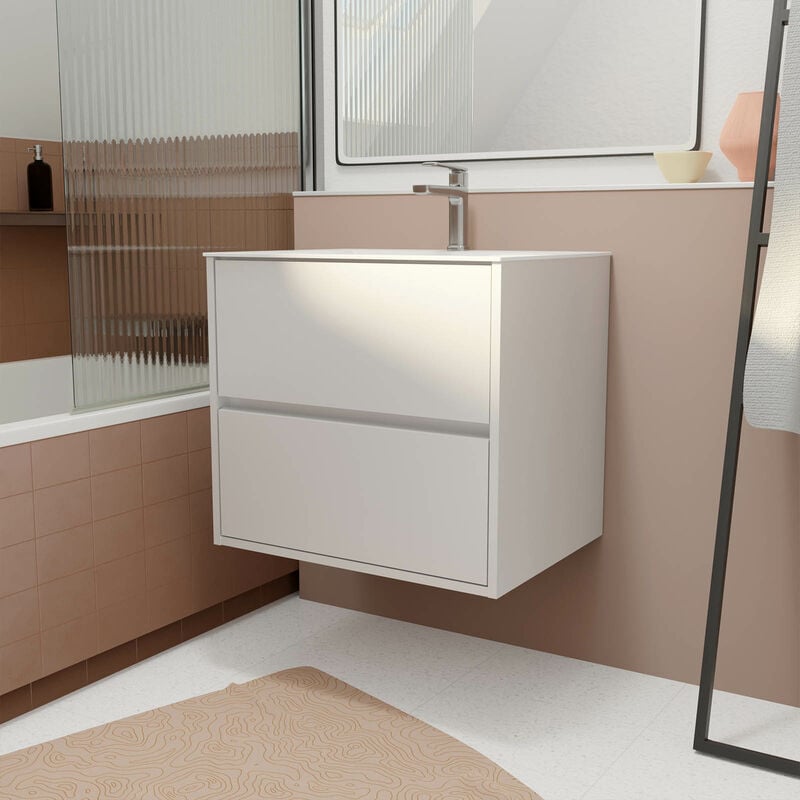 Pack Meuble Salle de Bains 60 cm Laqué Blanc, 2 tiroirs avec Vasque Céramique - XENOS