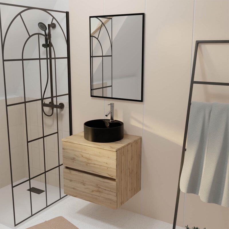 Aurlane - Meuble Salle de Bains 60cm 2 Tiroirs Chêne Naturel + Vasque Noire Ø41cm et Miroir 60x80cm