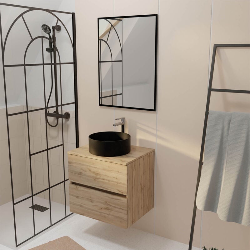 Aurlane - Meuble Salle de Bains 60cm 2 Tiroirs Chêne Naturel + Vasque Ronde Noire 36cm et Miroir 60x80cm