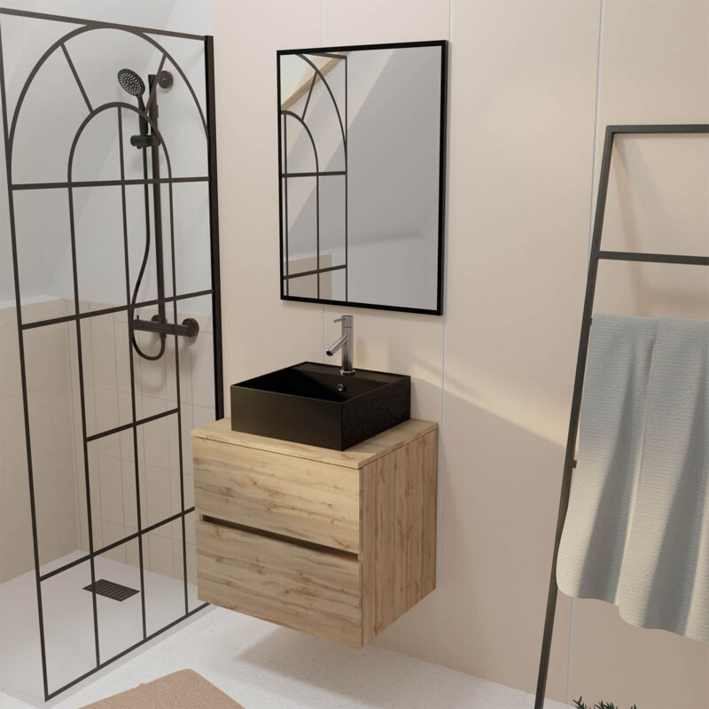 Aurlane - Meuble Salle de Bains 60cm 2 Tiroirs Chêne Naturel + Vasque Carrée Noire 41x41cm et Miroir 60x80cm
