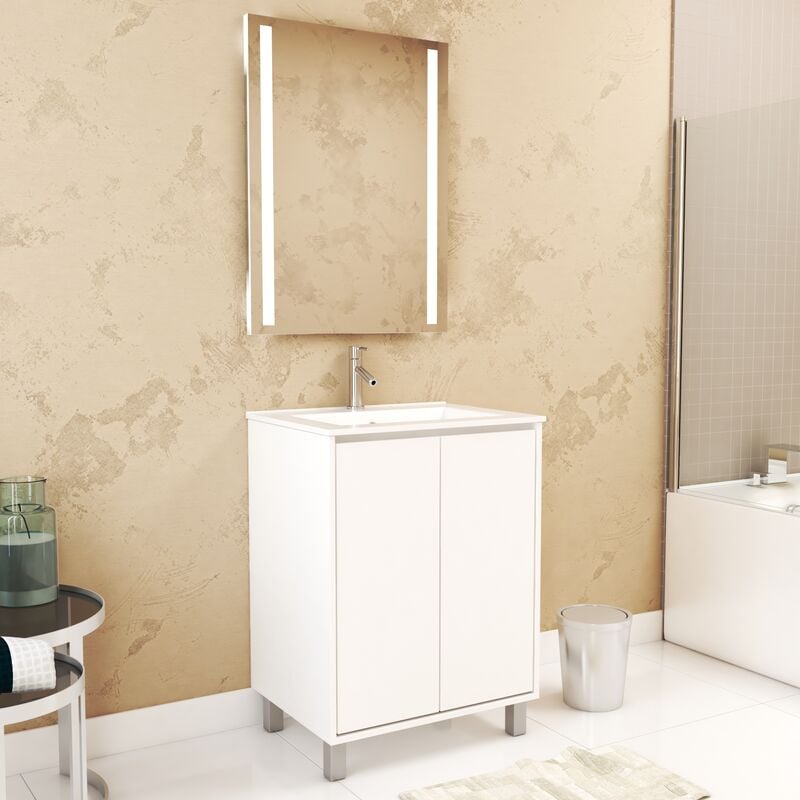 Aurlane - Pack Meuble Salle de Bains 60cm Blanc 2 Portes, Vasque, Miroir 60x80 à Leds intégrées - xenos