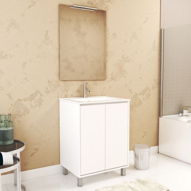 Aurlane - Pack Meuble Salle de Bains 60 cm Blanc 2 Portes, Vasque, Miroir 60x80 et Réglette Led - xenos