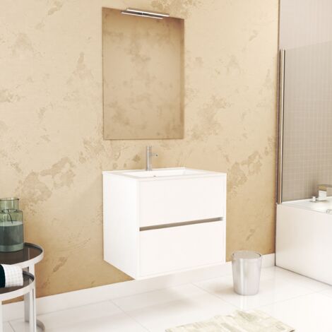 pack meuble salle de bains 60cm blanc 2 tiroirs, vasque, miroir 60x80 et réglette led - xenos