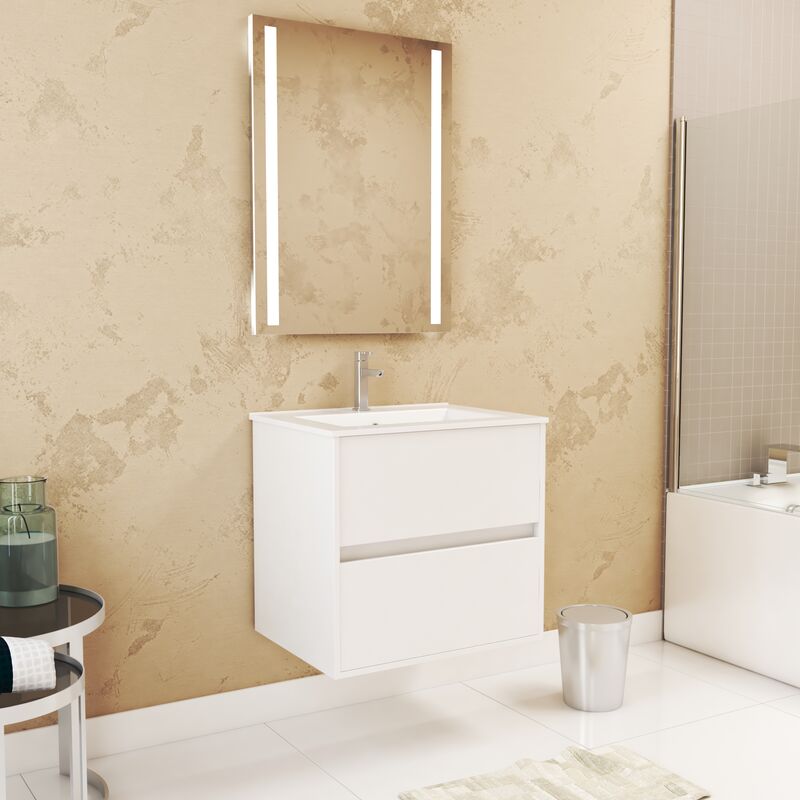 Aurlane - Pack Meuble Salle de Bains 60cm Blanc 2 Tiroirs, Vasque, Miroir 60x80 à Leds intégrées - xenos