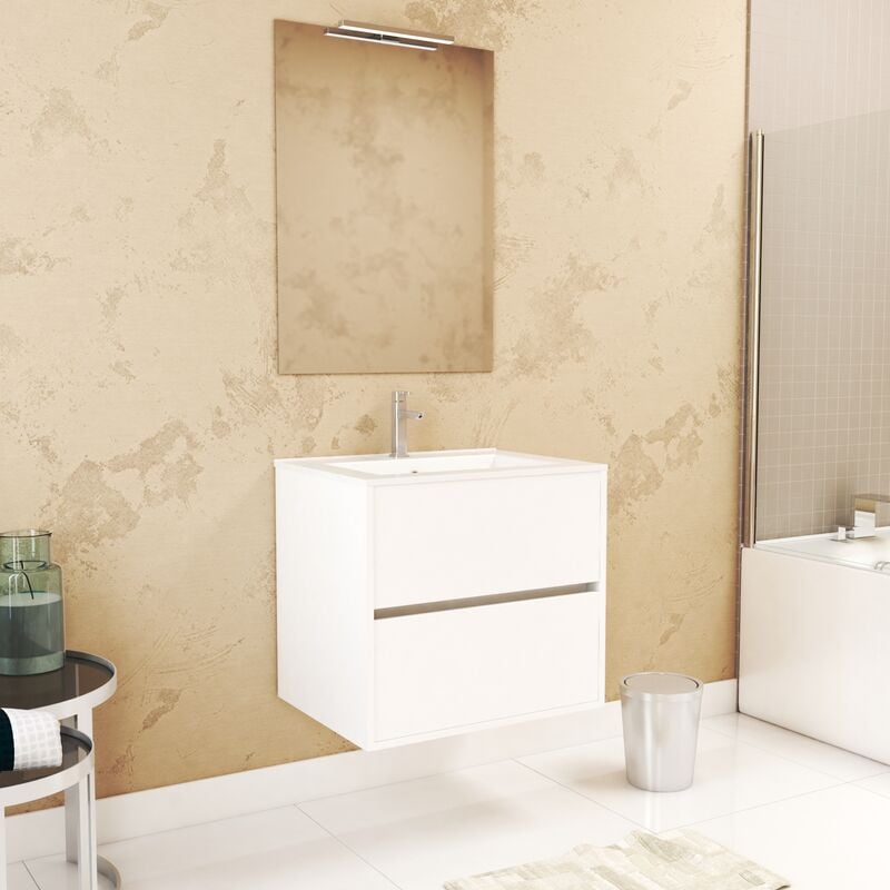 Aurlane - Pack Meuble Salle de Bains 60cm Blanc 2 Tiroirs, Vasque, Miroir 60x80 et réglette Led - xenos