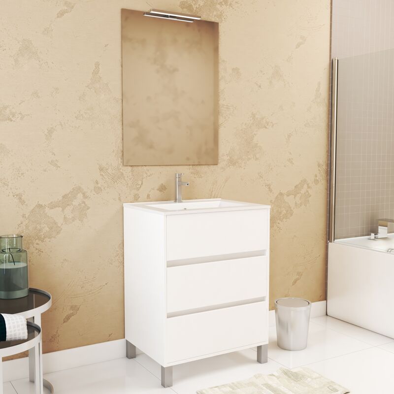 Aurlane - Pack Meuble Salle de Bains 60cm Blanc 3 Tiroirs, Vasque, Miroir 60x80 et réglette Led - xenos