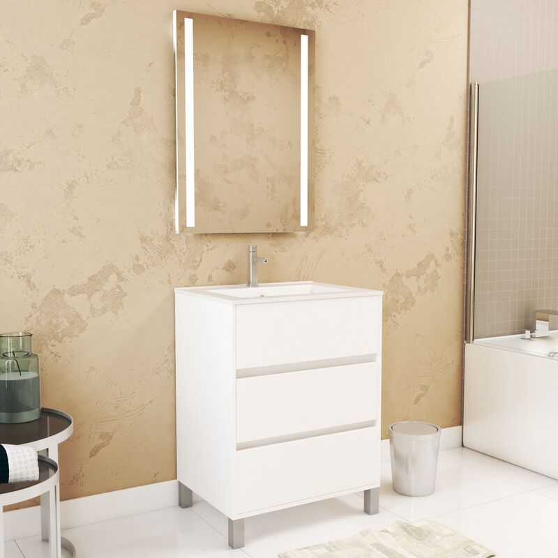 Aurlane - Pack Meuble Salle de Bains 60cm Blanc 3 Tiroirs, Vasque, Miroir 60x80 à Leds intégrées - xenos