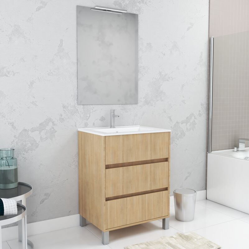 Aurlane - Pack Meuble Salle de Bains 60cm Chêne Clair 3 Tiroirs, Vasque, Miroir 60x80 et réglette Led - xenos