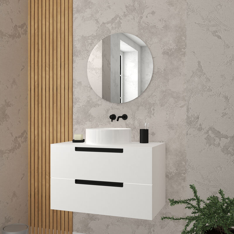 Aurlane - Meuble salle de bains 80cm Blanc Laque 2 tiroirs - Vasque Blanche 36cm et Miroir Rond 60cm