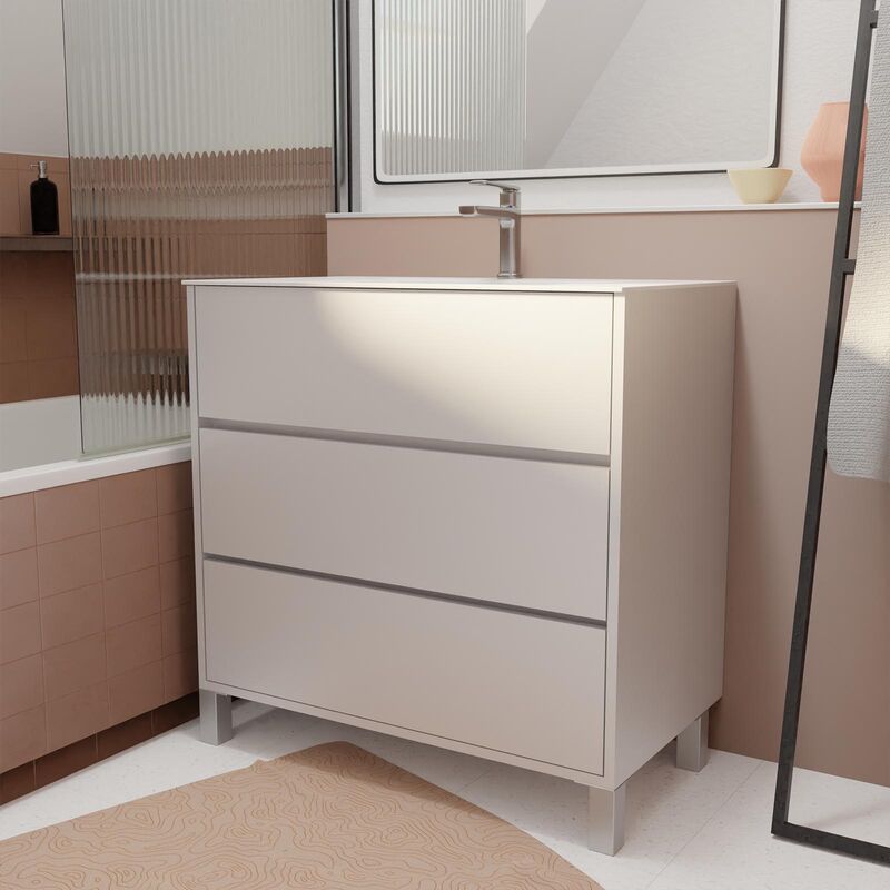Aurlane - Pack Meuble Salle de Bains 80 cm Laqué Blanc, 3 tiroirs avec Vasque Céramique - xenos