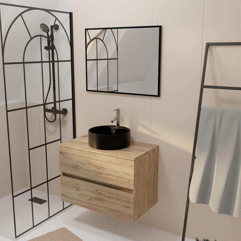 Aurlane - Meuble Salle de Bains 80cm 2 Tiroirs Chêne Naturel + Vasque Ronde Noire 41cm et Miroir 60x80cm