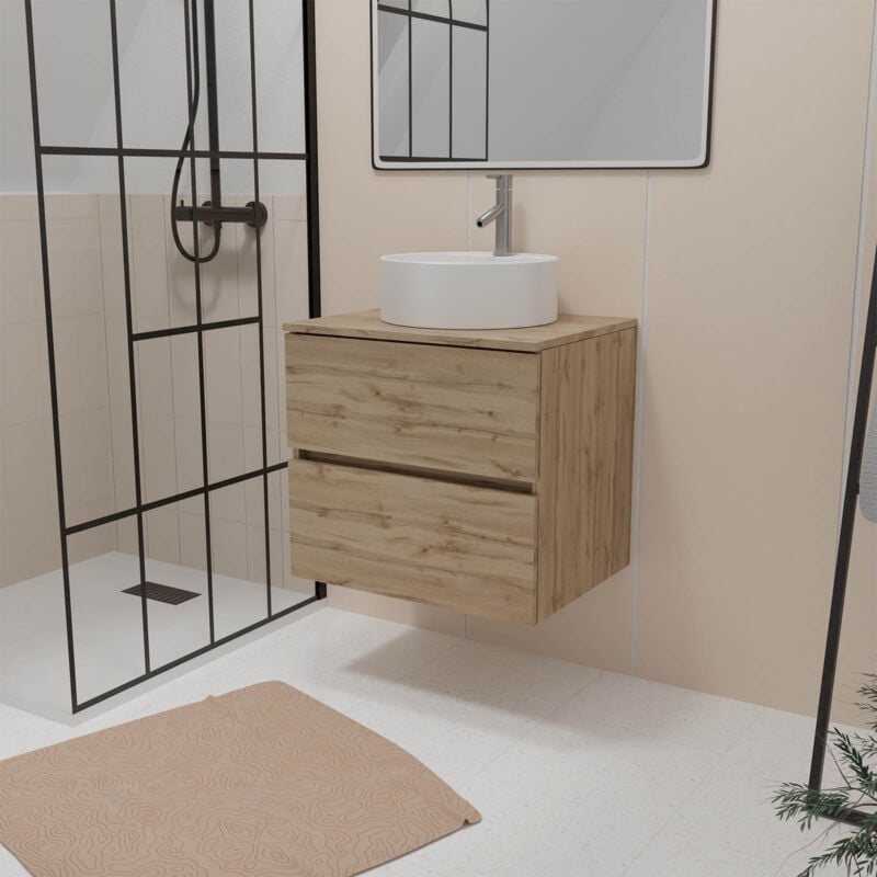 Meuble Salle de Bains 80cm 2 Tiroirs Chêne Naturel + Vasque Ronde Diamètre 41cm en Céramique Blanche