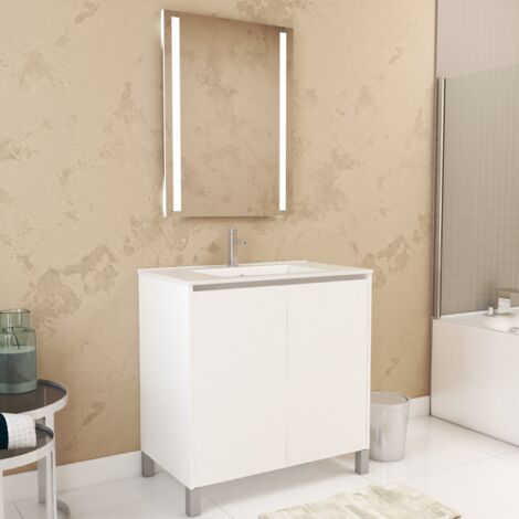 pack meuble salle de bains 80cm blanc 2 portes, vasque, miroir 60x80 à leds intégrées - xenos