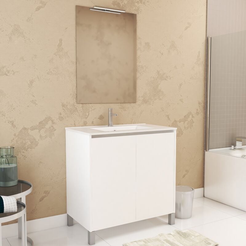 Pack Meuble Salle de Bains 80cm Blanc 2 Portes, Vasque, Miroir 60x80 et réglette Led - xenos