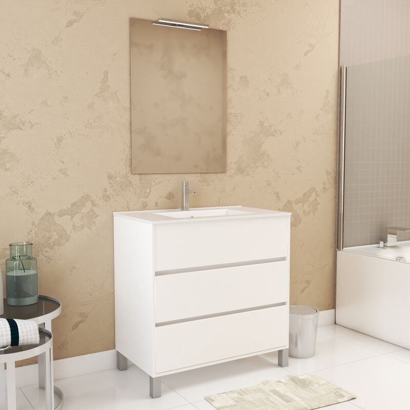 Aurlane - Pack Meuble Salle de Bains 80cm Blanc 3 Tiroirs, Vasque, Miroir 60x80 et réglette Led - xenos