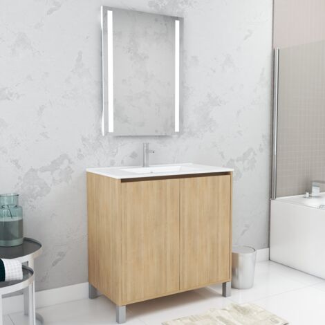 pack meuble salle de bains 80cm chêne clair 2 portes, vasque, miroir 60x80 à leds intégrées - xenos